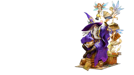 HD PC desktop wallpaper from Fantasy Earth Zero featuring a cute wizard in purple robes surrounded by fairies and magical books in a vibrant video game style.