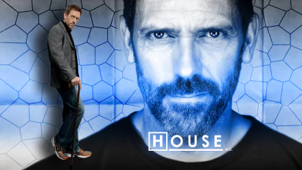 HD PC desktop wallpaper featuring the intense close-up and full-body image of Dr. Gregory House from the TV show House against a blue patterned background.