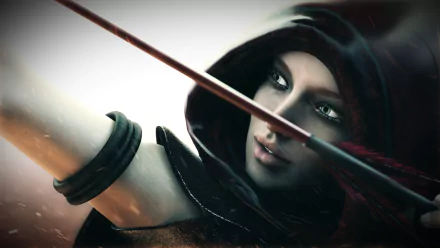 HD fantasy PC desktop wallpaper featuring a focused archer with a hood, pulling back an arrow, ready to strike.