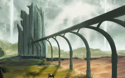 HD wallpaper featuring a mystical landscape from the video game Shadow of the Colossus, showing an enormous stone bridge and distant towering structures.