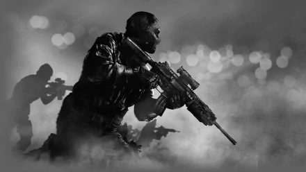 A dramatic black-and-white wallpaper featuring a soldier from Call of Duty: Ghosts, poised with a rifle amidst fog and shadows, capturing the intensity of the gaming experience.
