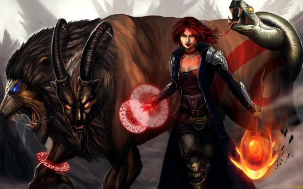 A fantasy HD PC desktop wallpaper featuring a fierce chimera with three heads—bear, goat, and serpent—alongside a red-haired armored mage casting fiery magic.