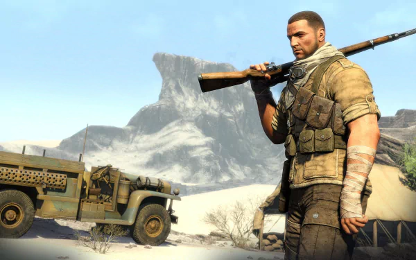 Sniper Elite III HD PC desktop wallpaper: battle-worn sniper holding a rifle by a jeep in a sunlit desert with a rocky outcrop.