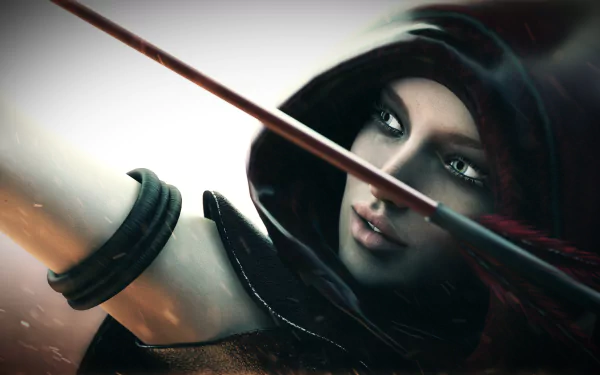 HD fantasy PC desktop wallpaper featuring a focused archer with a hood, pulling back an arrow, ready to strike.