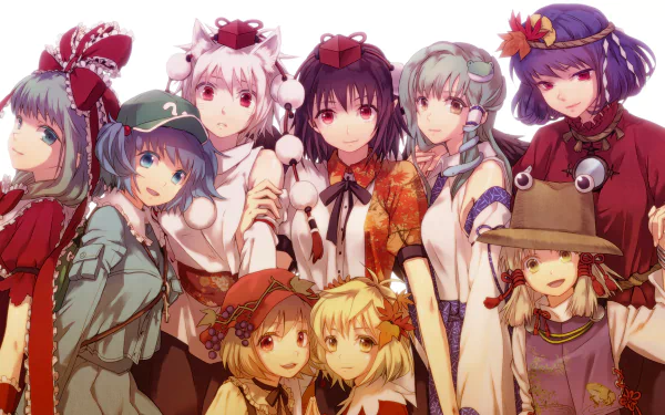 A vibrant HD desktop wallpaper featuring characters from the Touhou series, including Kanako Yasaka, Nitori Kawashiro, and others, showcasing various hairstyles and outfits in a colorful group.