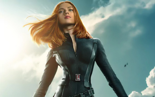Scarlett Johansson as Black Widow in a striking pose from Captain America: The Winter Soldier, set against a dramatic sky, featured as a high-definition wallpaper.