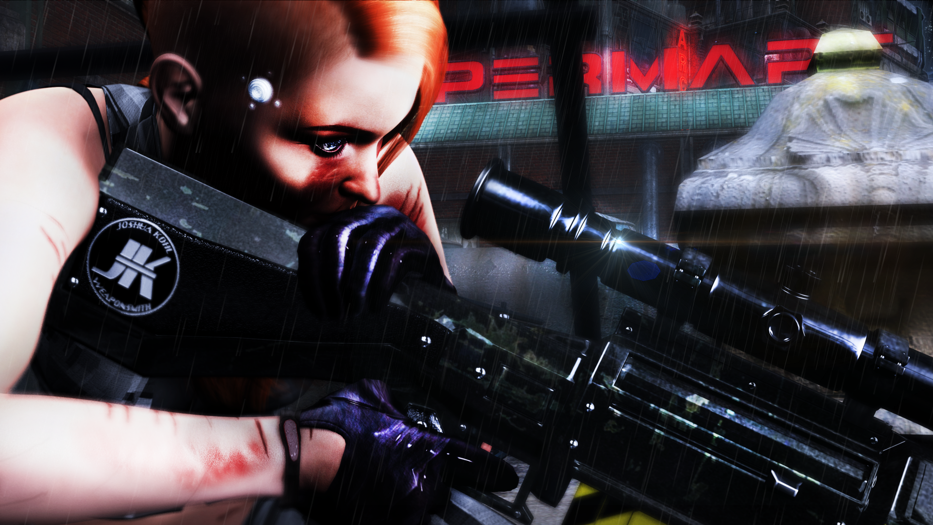 A sci-fi woman warrior sniper in rain, aiming with focus; detailed 4K Ultra HD PC desktop wallpaper and background.