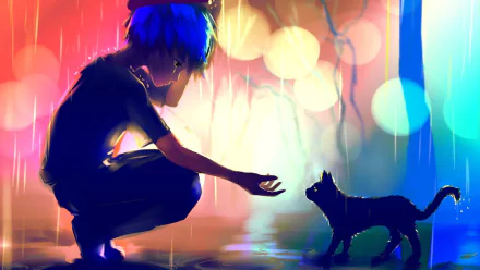HD wallpaper of an anime scene where a person with blue hair reaches out to a cat under a glowing, colorful rain backdrop.