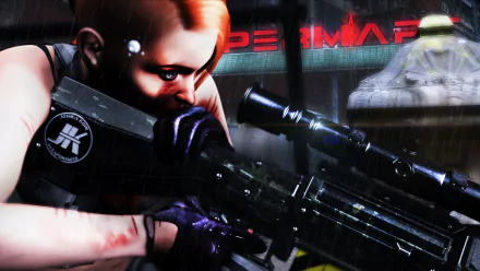 A sci-fi woman warrior sniper in rain, aiming with focus; detailed 4K Ultra HD PC desktop wallpaper and background.