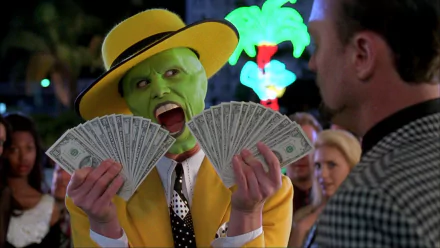 HD desktop wallpaper featuring Jim Carrey as The Mask, excitedly holding a fan of cash with a bustling night scene in the background.