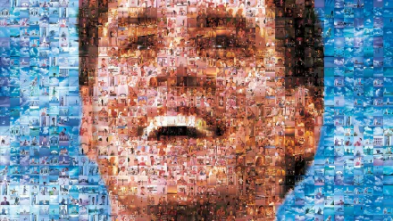 HD desktop wallpaper featuring a mosaic of The Truman Show scenes forming an expressive image of the main character portrayed by Jim Carrey.