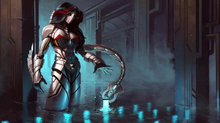A striking cyborg stands in water, illuminated by blue lights, set in a futuristic environment. This HD image captures the essence of sci-fi with its sleek design and atmospheric tone.