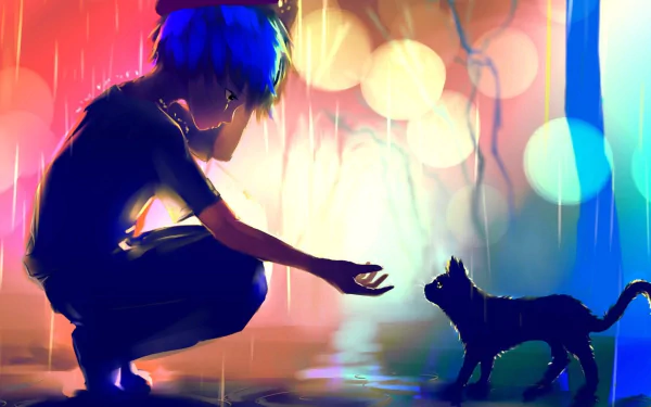 HD wallpaper of an anime scene where a person with blue hair reaches out to a cat under a glowing, colorful rain backdrop.