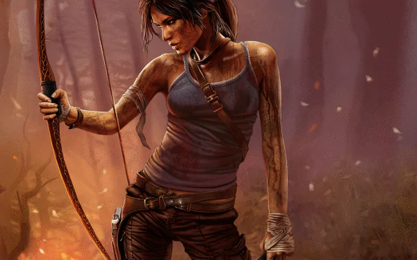 Tomb Raider character with a bow, covered in dirt, stands ready in a detailed 4K Ultra HD video game wallpaper background.