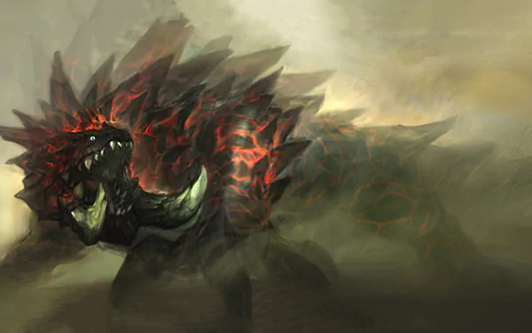 HD PC desktop wallpaper featuring a fierce, volcanic monster from the video game Monster Hunter emerging from smoky terrain.
