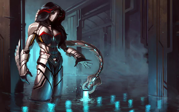 A striking cyborg stands in water, illuminated by blue lights, set in a futuristic environment. This HD image captures the essence of sci-fi with its sleek design and atmospheric tone.