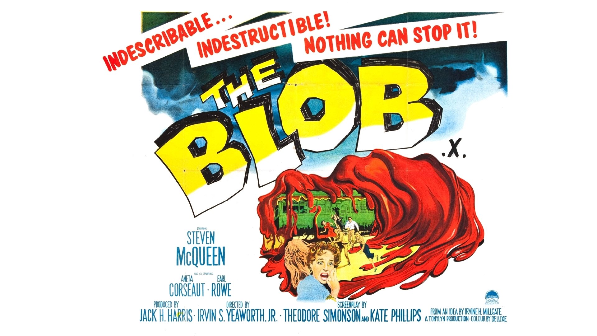 HD PC desktop wallpaper/background of the 1958 movie poster The Blob: bold yellow title with a massive red glob oozing over and engulfing screaming townspeople against a white sky.