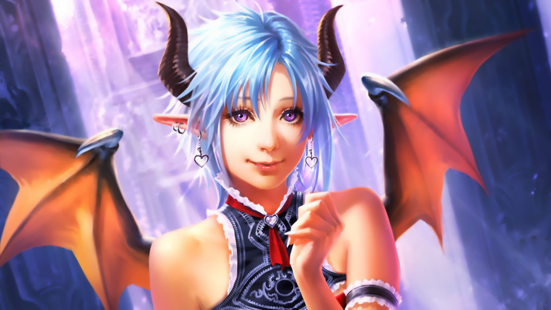 HD PC desktop wallpaper featuring a character with blue hair, horns, and bat wings from the video game Legend of the Cryptids.