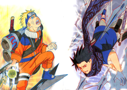 HD anime wallpaper featuring Naruto Uzumaki and Sasuke Uchiha from Naruto, showcasing their dynamic poses and contrasting powers in vibrant detail.