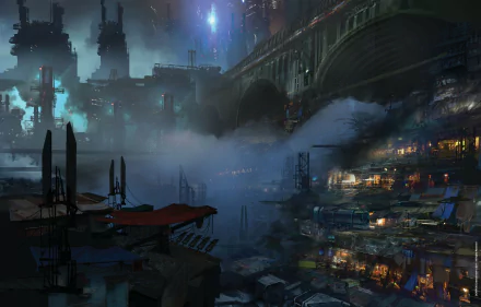A captivating HD wallpaper showcasing a dystopian cityscape from the video game Remember Me, filled with towering buildings, intricate bridges, and a foggy atmosphere.