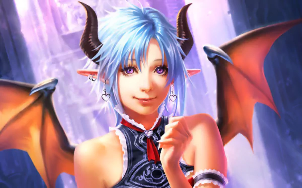 HD PC desktop wallpaper featuring a character with blue hair, horns, and bat wings from the video game Legend of the Cryptids.