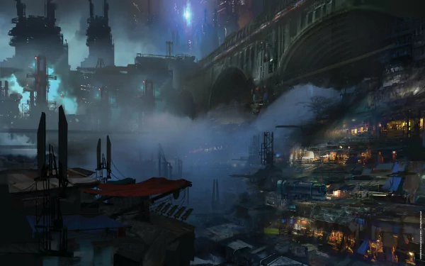A captivating HD wallpaper showcasing a dystopian cityscape from the video game Remember Me, filled with towering buildings, intricate bridges, and a foggy atmosphere.