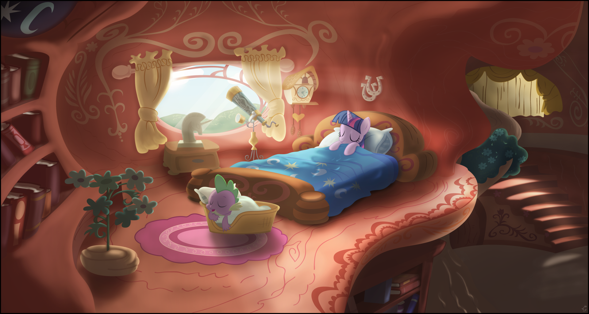 A cozy interior scene featuring Twilight Sparkle resting on a bed, while Spike the dragon relaxes nearby, showcasing their enchanting world from *My Little Pony: Friendship Is Magic*.