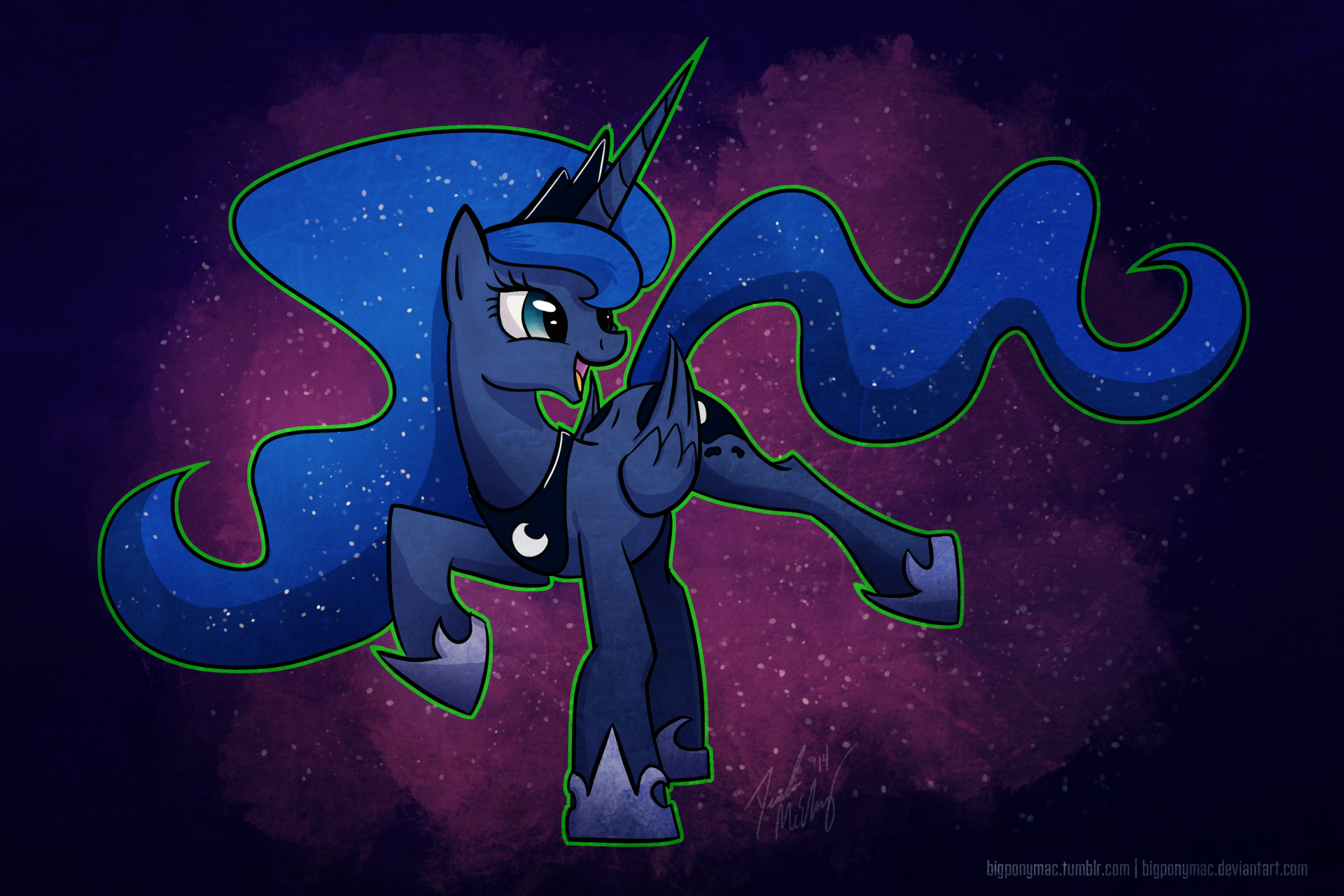 A vibrant HD wallpaper featuring Princess Luna from My Little Pony: Friendship Is Magic, showcasing her enchanting design against a cosmic background. 