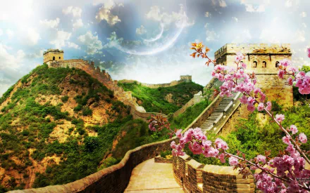 HD desktop wallpaper showcasing stunning photography of the Great Wall of China winding over lush green hills with blooming pink flowers under a partly cloudy sky.