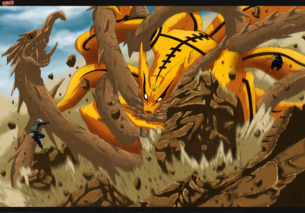 HD desktop wallpaper featuring Kakashi Hatake and Naruto Uzumaki battling Kyūbi from the Anime Naruto, showcasing a dynamic and intense scene.