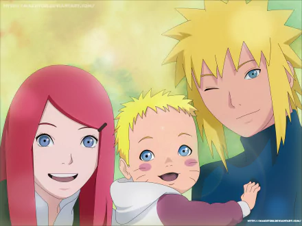 This HD desktop wallpaper features anime characters Kushina Uzumaki, Minato Namikaze, and baby Naruto Uzumaki from the Naruto series, smiling together against a soft, blurred background.