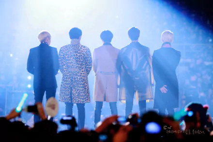 HD desktop wallpaper featuring the backs of SHINee members standing on stage with bright lights and an audience in the background, capturing a dynamic music moment.