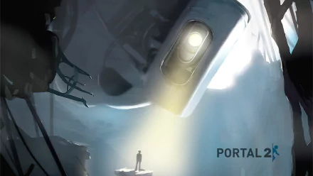 Video game Portal 2 HD PC desktop wallpaper and background: a glowing personality core beams light onto a small silhouetted figure inside a ruined Aperture Science chamber.