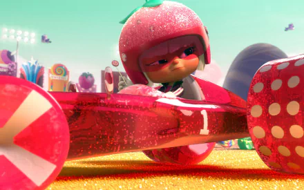 Taffyta Muttonfudge from Wreck-It Ralph in her glittery pink race car on the colorful Sugar Rush track — 2K Quad HD PC desktop wallpaper and background.