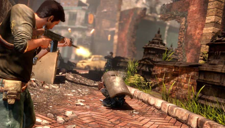 A dynamic scene from Uncharted 2: Among Thieves showcases a character taking aim in a war-torn environment, with intense action unfolding in a vibrant HD background.