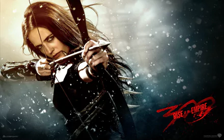 HD PC desktop wallpaper featuring a focused warrior woman aiming a bow, from the movie 300: Rise of an Empire.