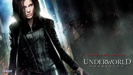 Underworld: Awakening movie HD PC desktop wallpaper and background — pale female vampire warrior in black leather coat, intense stare, weapon at her side against a smoky, burning urban nightscape.