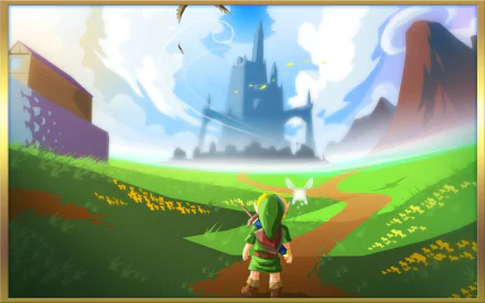 HD desktop wallpaper featuring Link and Navi from The Legend of Zelda: Ocarina of Time set against the vibrant backdrop of Hyrule.