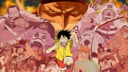 An HD desktop wallpaper featuring key characters from One Piece, including Monkey D. Luffy, Edward Newgate, Crocodile, and Buggy, set against a dynamic Marineford backdrop.