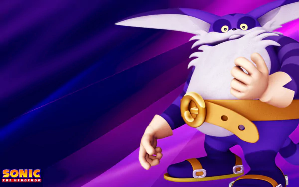 HD PC desktop wallpaper featuring Big the Cat from the video game Sonic & Sega All-Stars Racing with a dynamic purple and blue background.