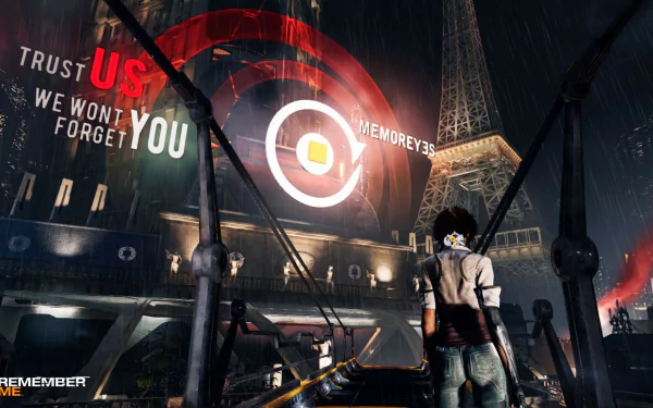 HD PC desktop wallpaper featuring Nilin from the video game Remember Me, with futuristic cityscape and a glowing memory interface in the background.