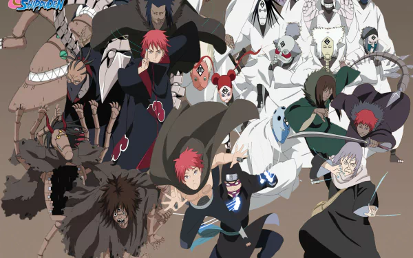 A vibrant HD anime wallpaper featuring Kankurō and Sasori from Naruto, showcasing an ensemble of characters amid dynamic poses and dramatic expressions.