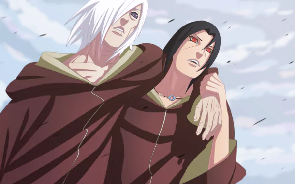 HD desktop wallpaper featuring Nagato and Itachi Uchiha from Naruto, depicted under a cloudy sky, showcasing their intense expressions and characteristic attire.