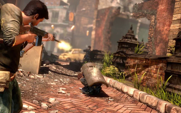 A dynamic scene from Uncharted 2: Among Thieves showcases a character taking aim in a war-torn environment, with intense action unfolding in a vibrant HD background.