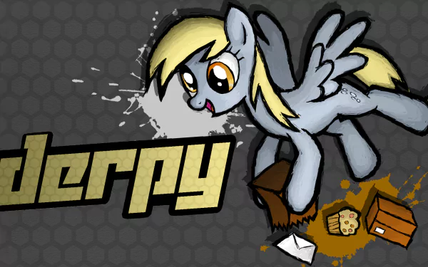 A dynamic HD wallpaper featuring Derpy Hooves from My Little Pony: Friendship Is Magic, showcasing the playful pony surrounded by letters and treats, embodying her quirky charm.