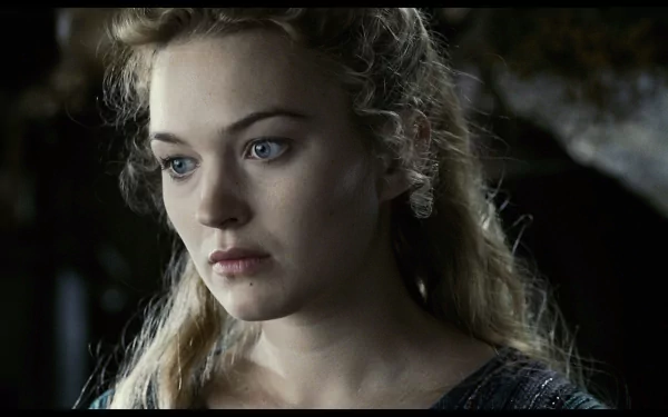 HD desktop wallpaper featuring actress Sophia Myles as Isolde in the movie Tristan & Isolde, showcasing her thoughtful expression and captivating presence.