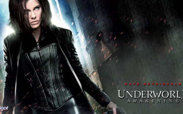 Underworld: Awakening movie HD PC desktop wallpaper and background — pale female vampire warrior in black leather coat, intense stare, weapon at her side against a smoky, burning urban nightscape.
