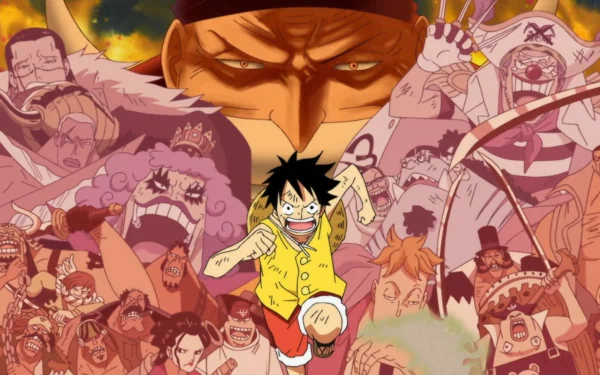 An HD desktop wallpaper featuring key characters from One Piece, including Monkey D. Luffy, Edward Newgate, Crocodile, and Buggy, set against a dynamic Marineford backdrop.