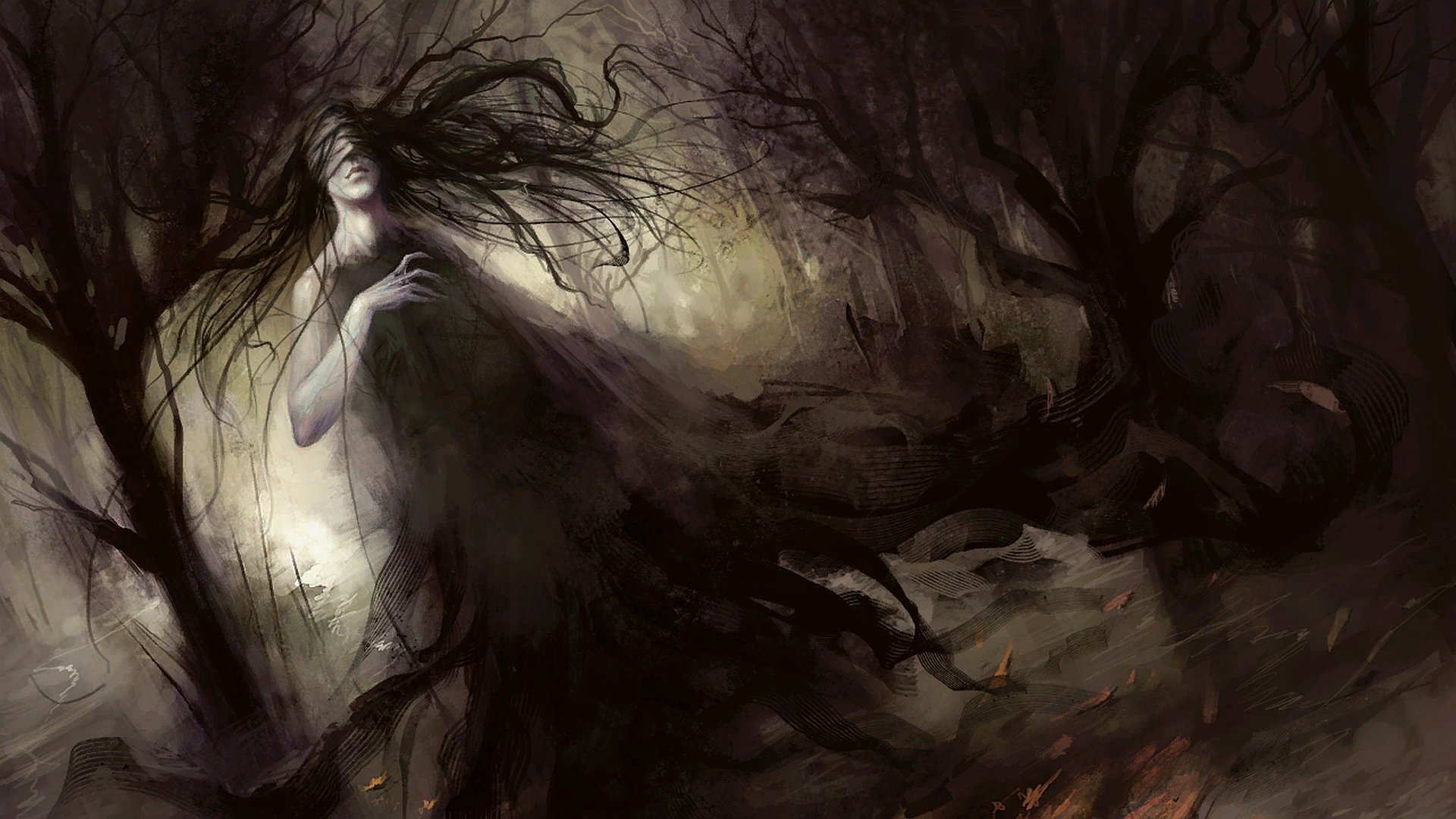 Man-made Magic: The Gathering HD PC desktop wallpaper and background depicting a haunting, shadowy specter emerging from a gnarled forest, smoke-like tendrils and drifting leaves.