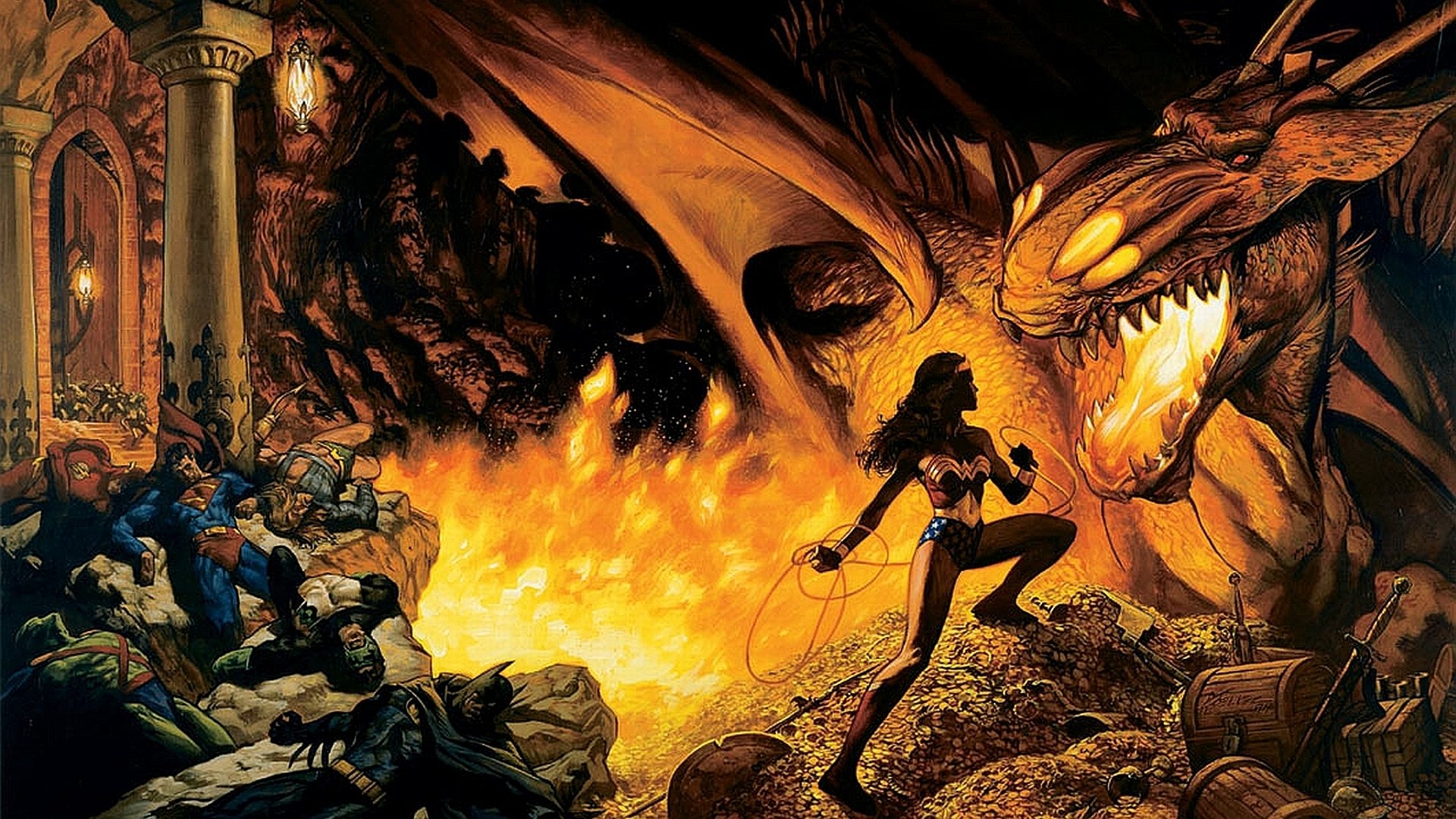 Wonder Woman confronts a fierce dragon in a dramatic comic scene, surrounded by treasure and chaos, making this an captivating HD PC desktop wallpaper.